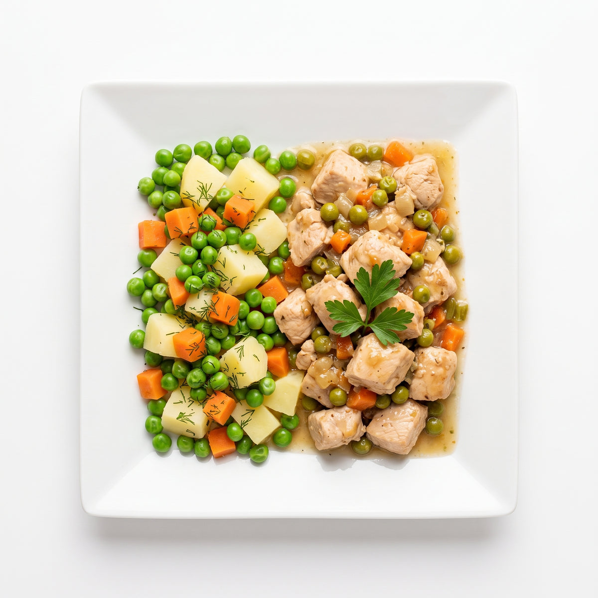 Пилешки късчета с грах, картофи и моркови, 350 гр.