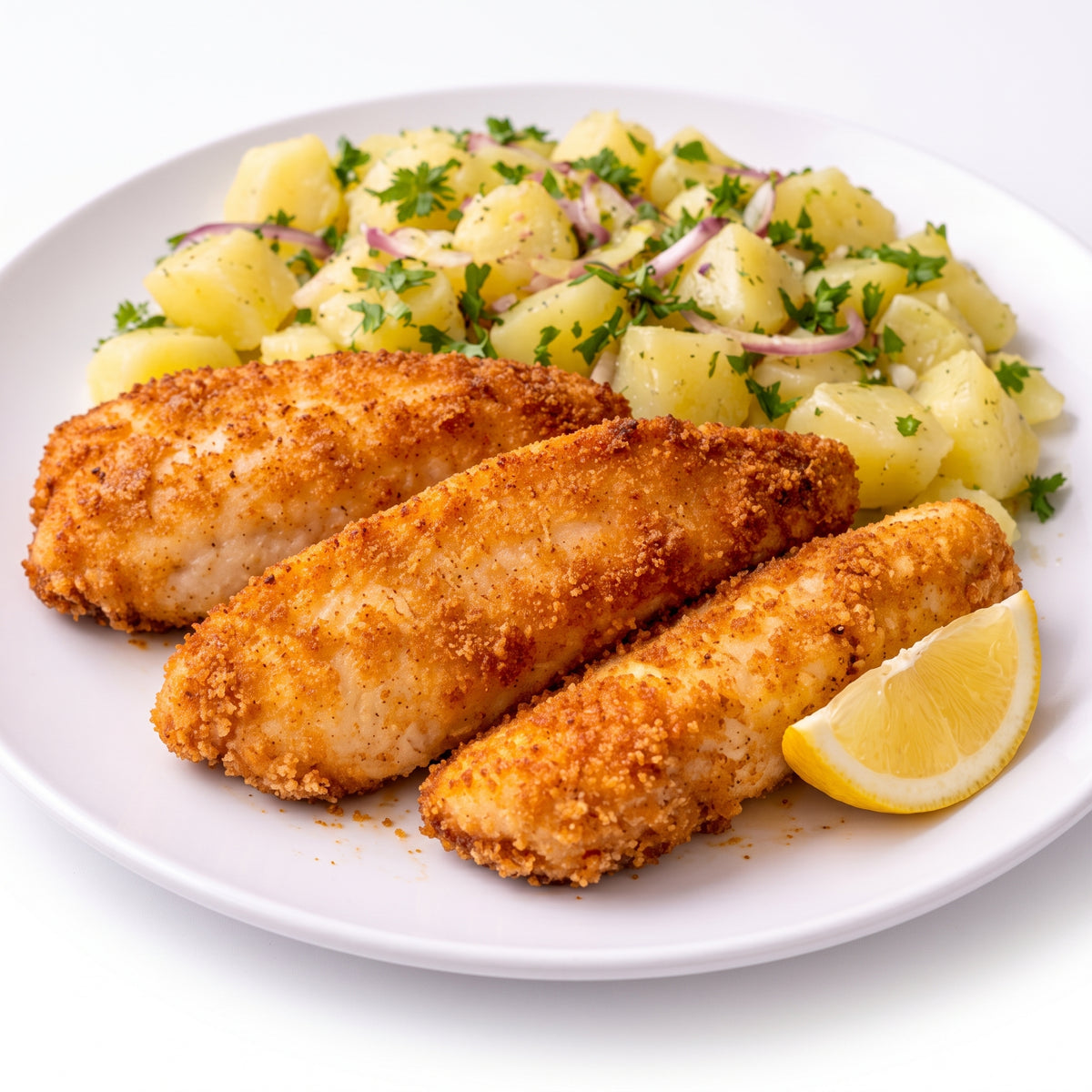 Панирана бяла риба с картофена салата, 350 гр.