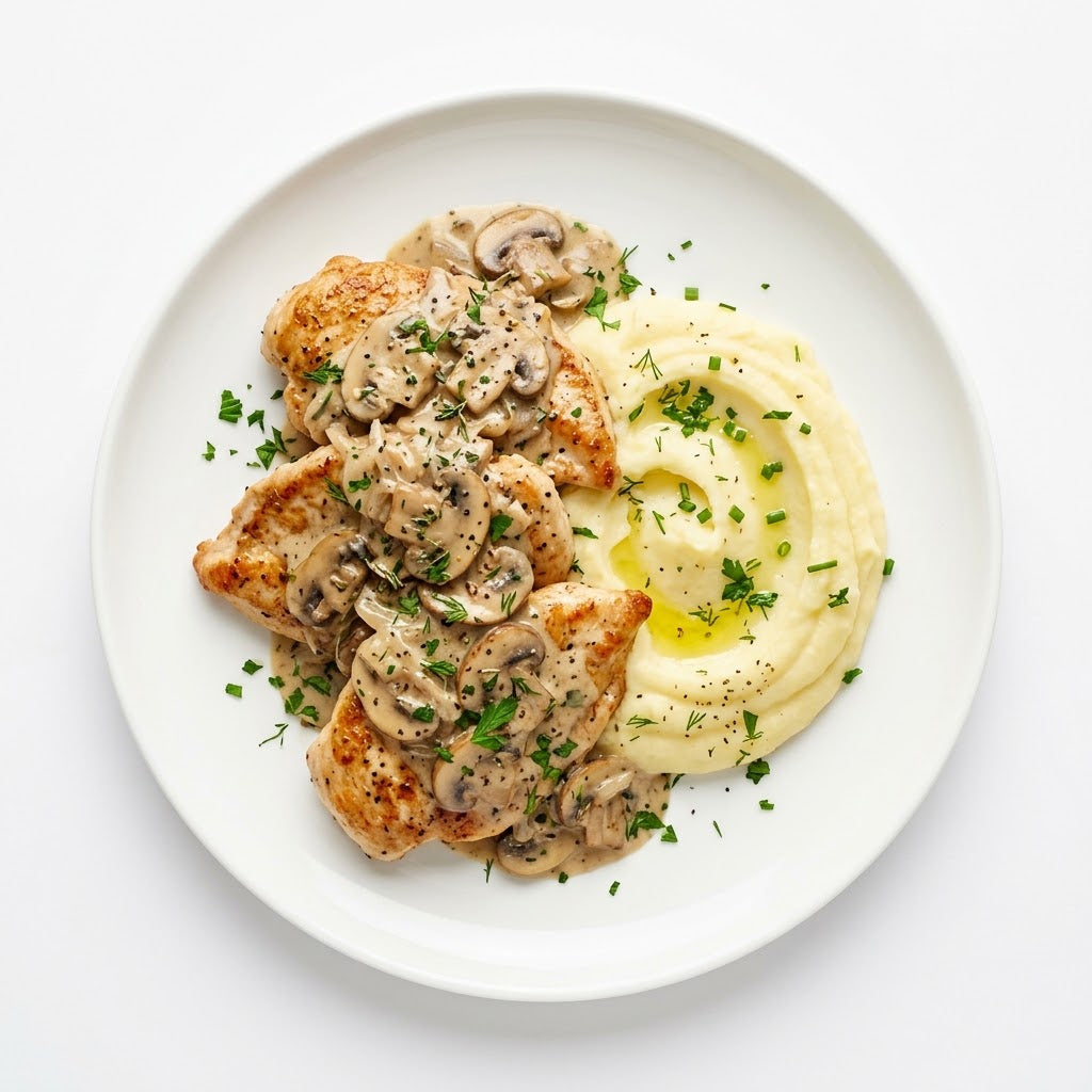 Пилешки карета с гъбен сос и картофено пюре, 350 гр.